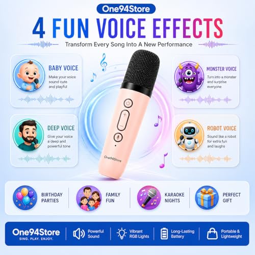 Image of One94Store Portable Bluetooth Speaker 10W with Wireless Karaoke Mic, Bluetooth 5.1, 8H Playtime, 5 Voice Change Effects, RGB LED Lights, TF Card Support, Type-C Charging - Pink