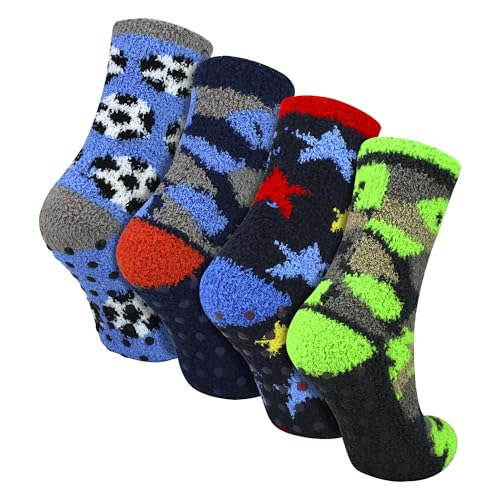 Sock Snob - 4 Pairs Boys Fluffy Winter Slipper Socks | Soft Non Slip Novelty Socks with Grips (11-14 Years Novelty)