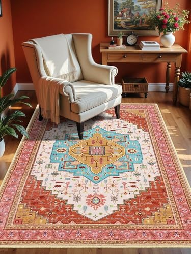 Macgace 4x6 Orange Pink Area Rug for Living Room, Machine Washable Rugs with Non-Slip Backing for Bedroom, Vintage Medallion Carpet Kitchen Laundry Kids Room Decor
