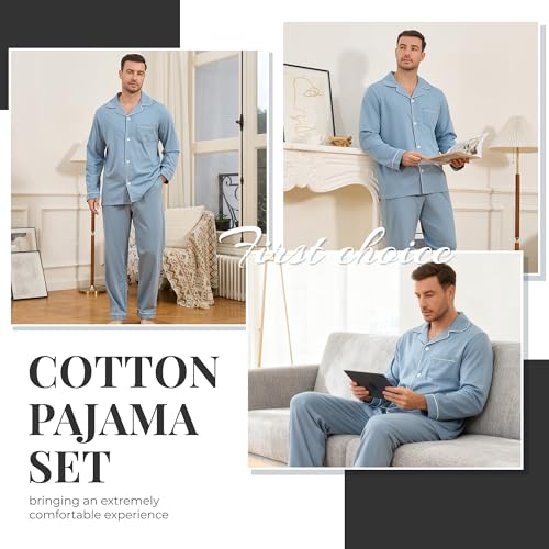 Image of U2SKIIN Mens Cotton Pajama Set, Soft Long Sleeve Pajamas for men Lightweight Button Up Sleepwear Lounge Pjs Set with Pockets
