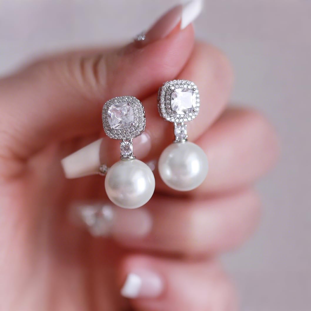 Pearl Drop Earrings With Cubic Zirconia 925 Sterling Silver Post Square Halo Bridal Wedding Earrings Hypoallergenic for Women - Image 3