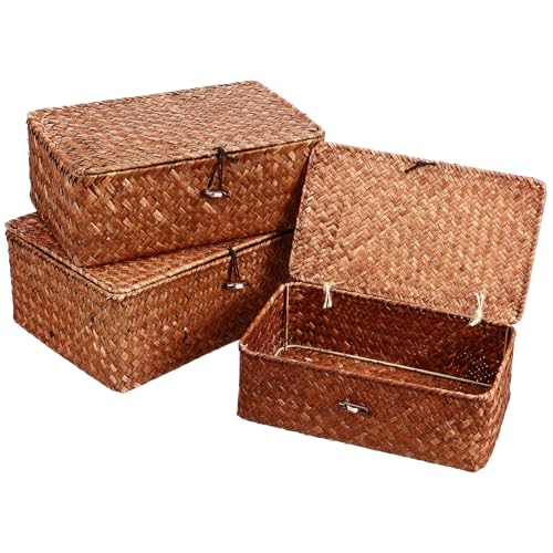 Angoily 3 piezas Cajas Organizadoras Tejidas de Hierba Marina con Tapa Cestas Ligeras Multiusos para Maquillaje y Accesorios Almacenamiento Grande para Dormitorio Oficina y Baño
