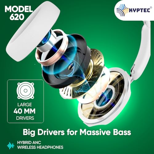 Image of KYPTEC Model 620 Hybrid ANC Bluetooth Wireless Headphones - Over Ear Noise Cancelling Headphone with Deep Bass, 50H Playtime, Large 40 MM Drivers, Quad Mics, Headphones Wireless with mic