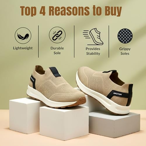 Image of BRUTON Men's Beige & Black Casual Loafer | Lightweight Cushioned Lace-Up Shoes | Breathable Fashion Footwear for Walking, Travel, College