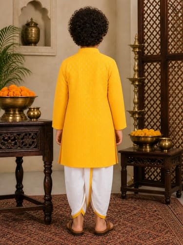 Image of superminis Boy's Cotton Kurta with Dhoti - Golden Thread Work, Solid Round Collar, Full Sleeves, Side Button Kurta Set for Ethnic Wear