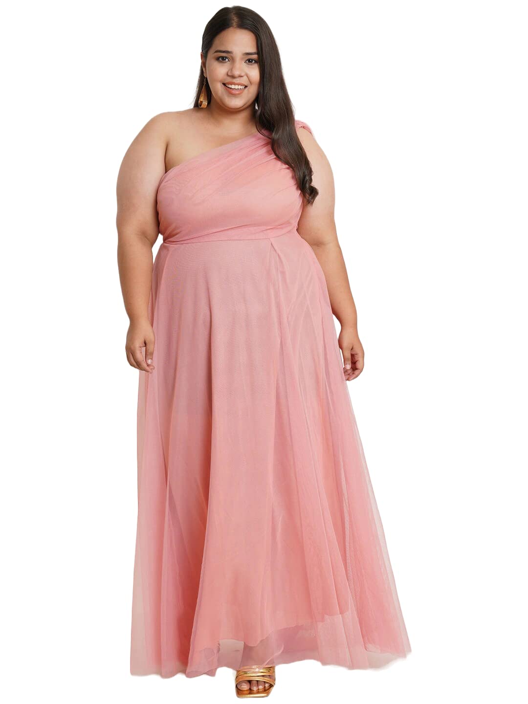 U&FPink One Shoulder Net Maxi Dress