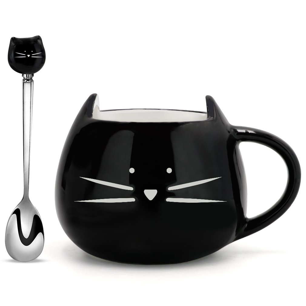 Koolkatkoo Cat Coffee Mug, Ceramic Cup with Spoon Gifts for Women Girls Cat Lovers Cute Tea Mugs 12 oz Black …