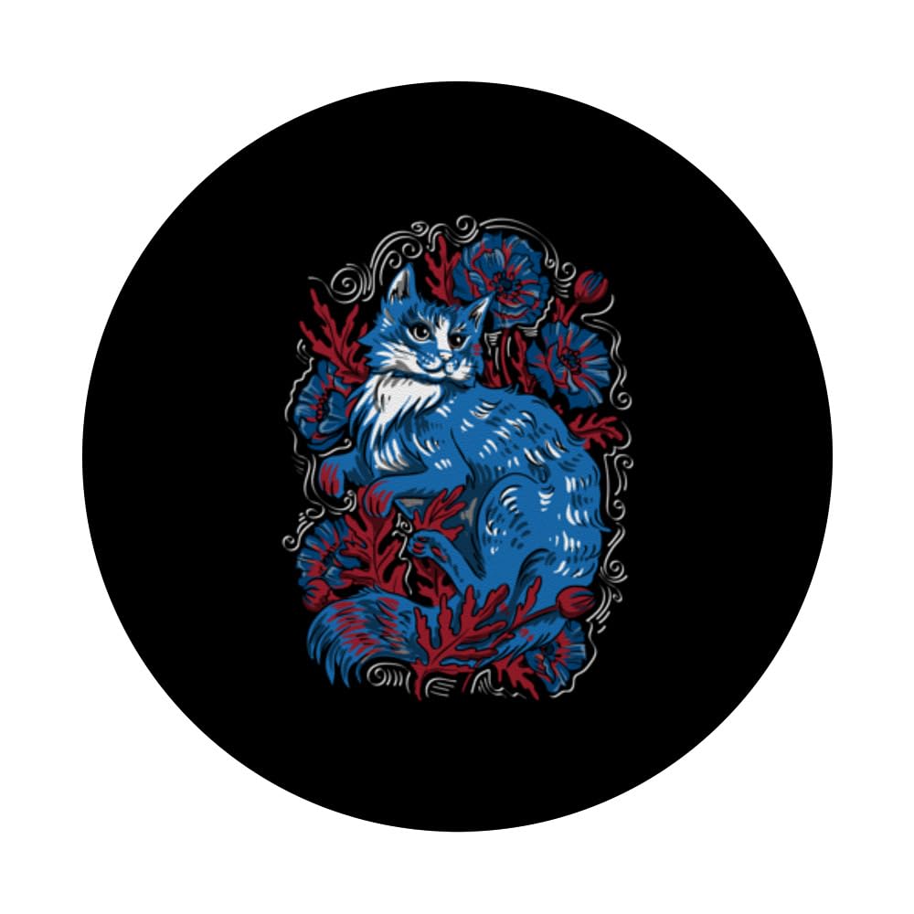 Floral Cat Red White And Blue 4th Of July Patriotic PopSockets Swappable PopGrip, Black - Image 3