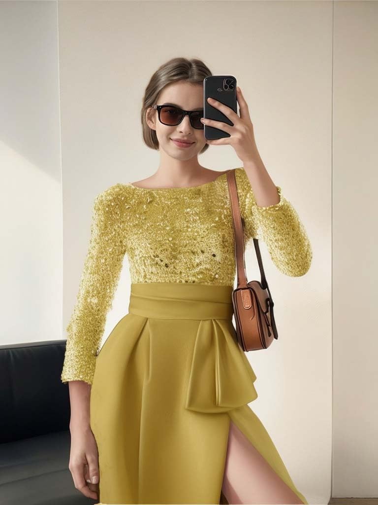 Long Sleeve Prom Dress Sequin Satin Formal Gowns for Women Boat Neck Long Slit Corset Ball Gown with Pockets