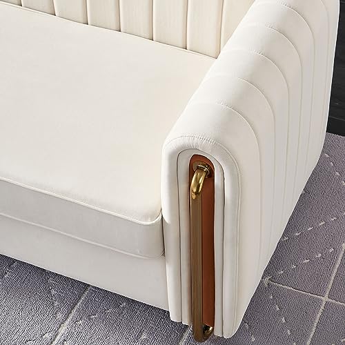 Image of KEIKI 84 inch Velvet Deep Channel Tufted Sofa with Back Cushions and Rolled Arms, Modern Style 3-Seater Couch with Golden Polished Steel Legs, Easy Assembly, for Living Room, Bedroom, Office, Beige