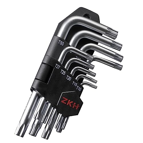 ZKH 9 Piece Torx Wrench Set, Torx Star Key Wrench Set with Organizer Clip, Chrome Plating Suitable for Tamper Resistant Fasteners, T10 - T50 (Short)