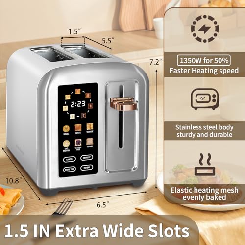 Image of SEEDEEM Toaster 2 Slice, Full Touch Control Stainless Toaster, LCD Display, 50% Faster Heating Speed, 6 Bread Type, 7 Shade Setting, 1.5''Wide Slots, Removable Crumb Tray, 1350W, Silver Metallic