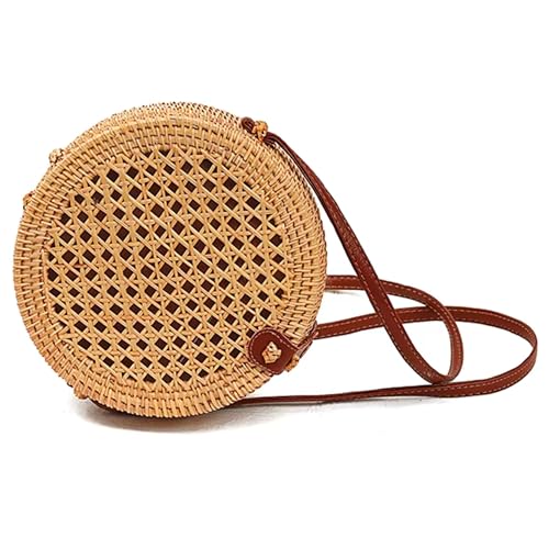 Handwoven Round Rattan Bag with Leather Strap – Boho Wicker Straw Crossbody Purse for Women, Gift for Beach & Holidays
