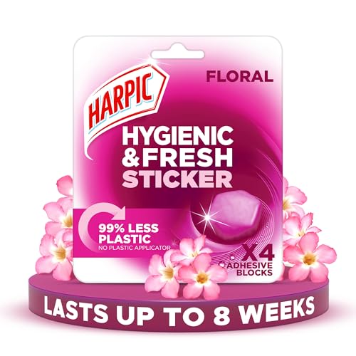 Harpic Hygienic Fresh Sticker Adhesive Toilet Block, Floral, Pack 1 x 4 Stickers, Toilet Freshener, No Plastic Applicator, Up to 8 weeks of Freshness