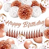 EPIQUEONE Happy Birthday Banner & Party Decorations Kit - 36-Piece, Rose Gold - Birthday Party Decor with Rose Gold Balloon Set & Tissue Pom Poms for Bridal Shower & Baby Shower