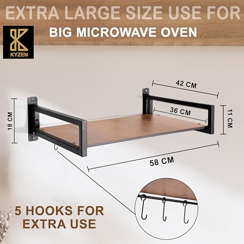 Image of KYZEN Deluxe Wall Mount Microwave Oven Stand with Pot Rack, 5 Hooks & Storage Container | Heavy-Duty Shelf for Microwave, OTG, Air Fryer, Grinder & Kitchen Organization (Wooden) Appliances WM Delux W
