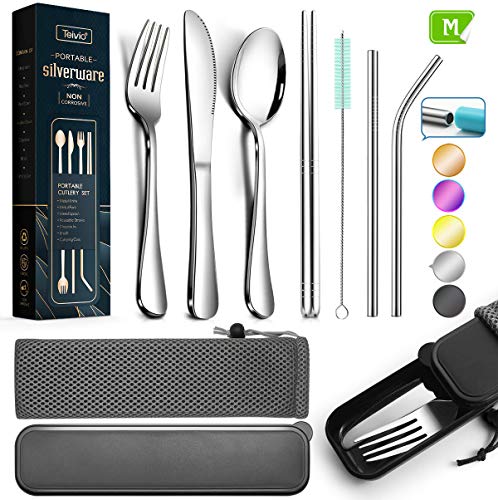 Teivio Reusable Camping Travel Utensils with Case Cutlery Flatware Set of Stainless Steel