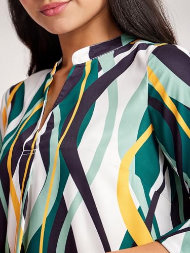 Image of FableStreet Women Shirt Work & Casual | Relaxed Fit Mandarin V-Neck Three-Quarter Sleeves Solid Pattern | Breathable Woven Fabric for Office & Everyday Wear