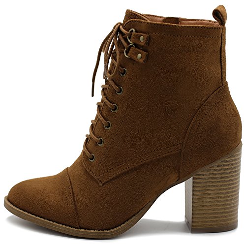 Ollio Women's Shoe Faux Suede Lace Up Stacked High Heel Ankle Boots SSB09