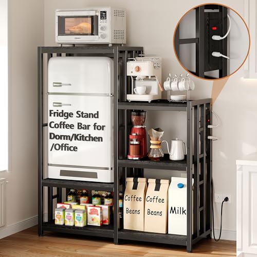 Mini Fridge Stand Coffee Bar Cabinet Station With Small Refrigerator Insert Storage Space, Shelf Organizer For Dorm Microwave To Sit, Black Baker Rack With Power Outlet, Big Table To Go Over Fridge