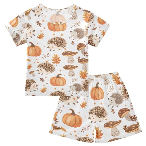 ALAZA Hedgehog Pumpkin Mushroom Maple Leaf Pajamas Set Short Sleeve Cotton Sleepwear Summer Pjs 2 Piece 5-14Y