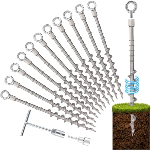Keltrion 12 Pcs 14' Ground Anchors Screw in Non-Rust Cast Aluminum Detachable Tent Stakes for Camping Tents, Sand, Trampoline, Swing Sets and Sheds