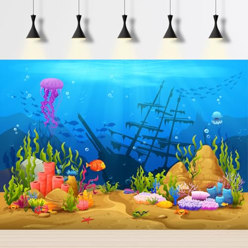 Image of Under The Sea Aquarium Background Underwater Game Level Landscape Terrarium Background Tropical Corals Fish Shoal Sunken Ship Fish Tank Backdrop Cartoon Ship Wrecks Coral Reef Backdrops 24x12in