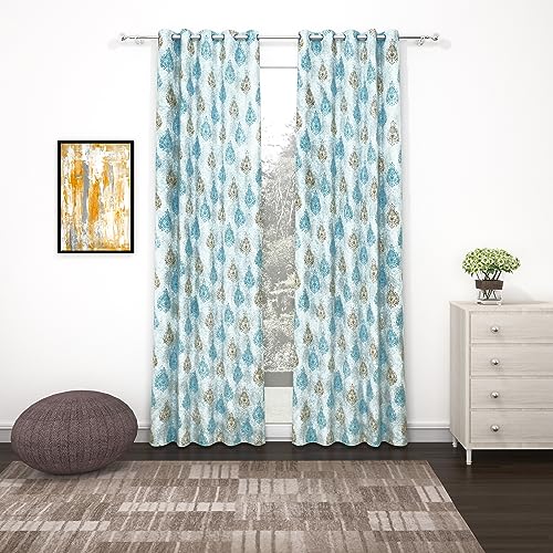 Image of Curtain Door - Raga Curtain for Door 7 Feet Light Filtering Curtains for Home |Motif| White and Blue| Polyester, Pack of 2