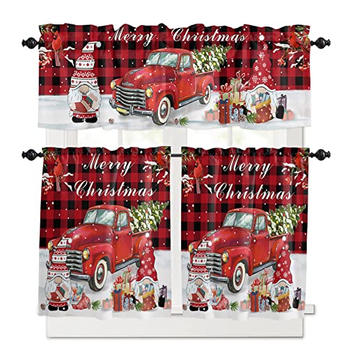 Winter Christmas Tier and Valance Set for Kitchen,Black Red Checker 3 Piece Rod Pocket Short Window Curtains-24in Length,Farm Truck Small Window Treatment Tiers for Half Cafe Windows/Bedroom/Bathroom