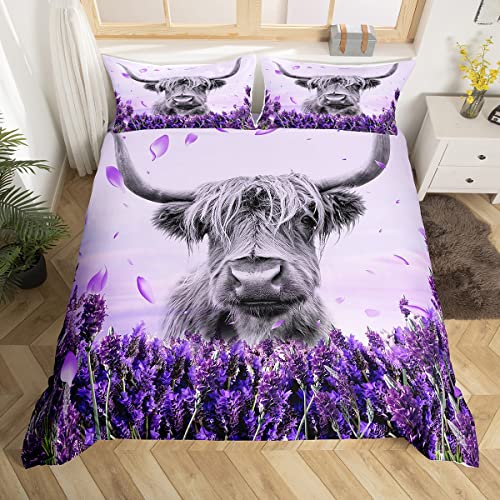 Homewish Purple Highland Cow King Size Duvet Cover Set, Cottagecore Floral Lavender Bedding for Girls Women