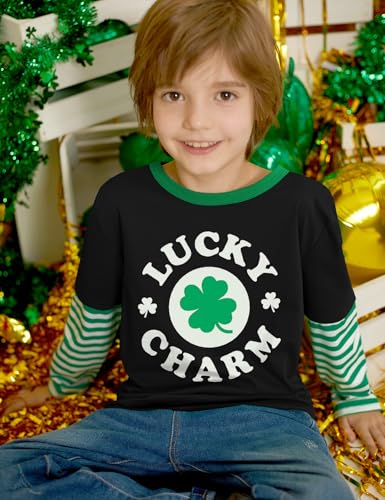 Image of Unisex Kid's St Patrick's Day Shamrock Top Striped Patchwork Irish Clover Long Sleeve Shirt 4-14 Years