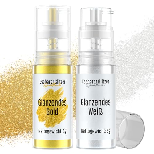 Essbarer Glitzer Spray Gold & Weiß, Wwtop 2 Farben set Lebensmittel Glitzer für Getränke Puder Essbar für Backen, Erdbeeren, Cupcakes, Kuchen, Fondant, Cocktails, Schokolade (5g)