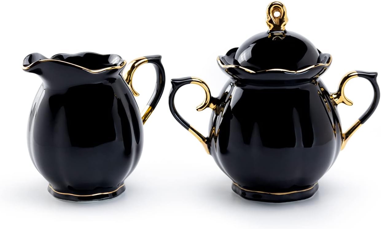 Black Gold Scallop Fine Porcelain Sugar and Creamer Set