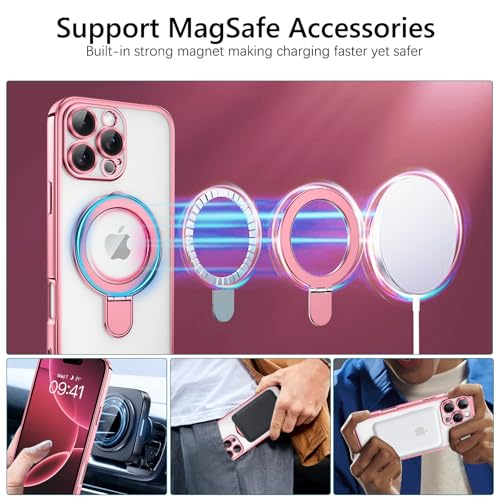 Image of GUAGUA for iPhone 16 Pro Max Case Compatible with Magsafe Clear iPhone 16 Pro Max Cases Plating Edge Invisible Ring Holder Shockproof Protective Kickstand Phone Cover for Phone 16 Pro Max 6.9 inch, Pink
