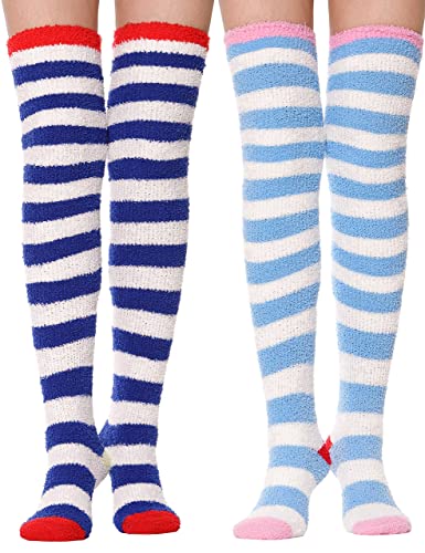 Image of MOGGEI Womens Thigh High Fuzzy Socks Warm Winter Over Knee High Long Striped Fluffy Cozy Fleece Socks 2 Pairs