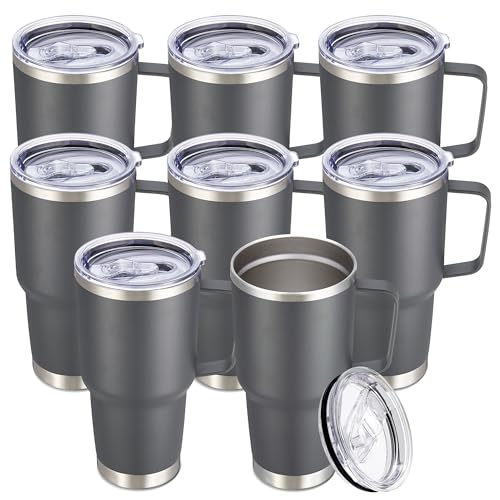 Image of 30 oz Stainless Steel Tumblers Bulk with Handle and Lid, 8 Pack | Powder Coated, Double Wall Vacuum Insulated, Leak Proof Lid, Keep Drinks Cold and Hot, for office, party, camping, Grey