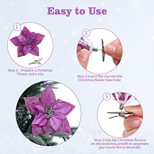 15 Pieces Christmas Glitter Poinsettia with Clips Christmas Poinsettia Decorations Artificial Poinsettia Flowers Ornament Christmas Flowers for New Year Wedding Home Decoration 8.7inch/22cm Purple