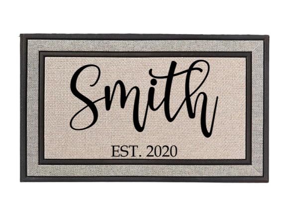 Personalized Family Name Doormat with Established Date, Custom Welcome Doormat, Wedding, Engagment, First Home, Housewarming,Gray 18 x 30 Rubber Backed Entrance Rug