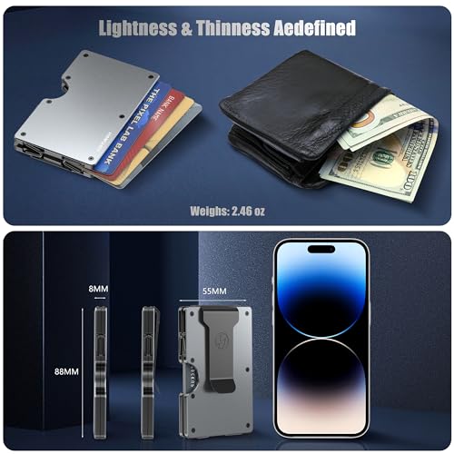 Wallet for Men, Minimalist Metal Wallets with Removable Money Clip, Slim Front Pocket Credit Card Holder, Aluminum RFID Blocking Card Case, Mens Travel Business Team Festival Gifts, Matte Gray2
