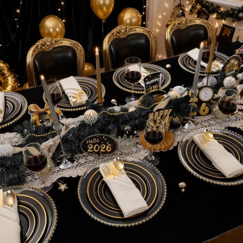 Image of WDF 200PCS Black and Gold Plastic Plates - Black Plates Disposable for Party - Heavy Duty Plastic Plate for Wedding /Party /Birthday /Halloween