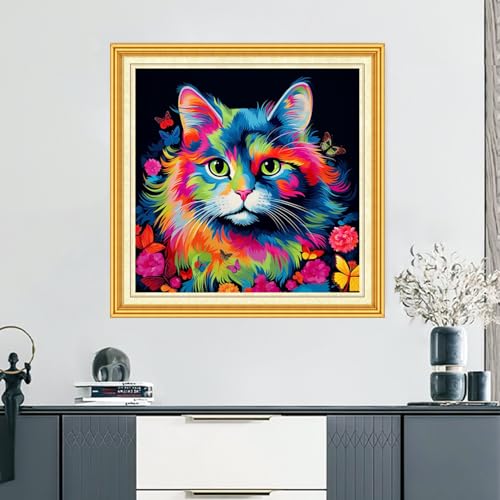 Image of DMCVIVR Stamped Cross Stitch Kits for Beginners Adults Needlepoint Kits for Beginners Embroidery Kits for Adults Crossstitch Kit for Beginners 11CT-Colorful Cat 18x18 inch, ArtKits09