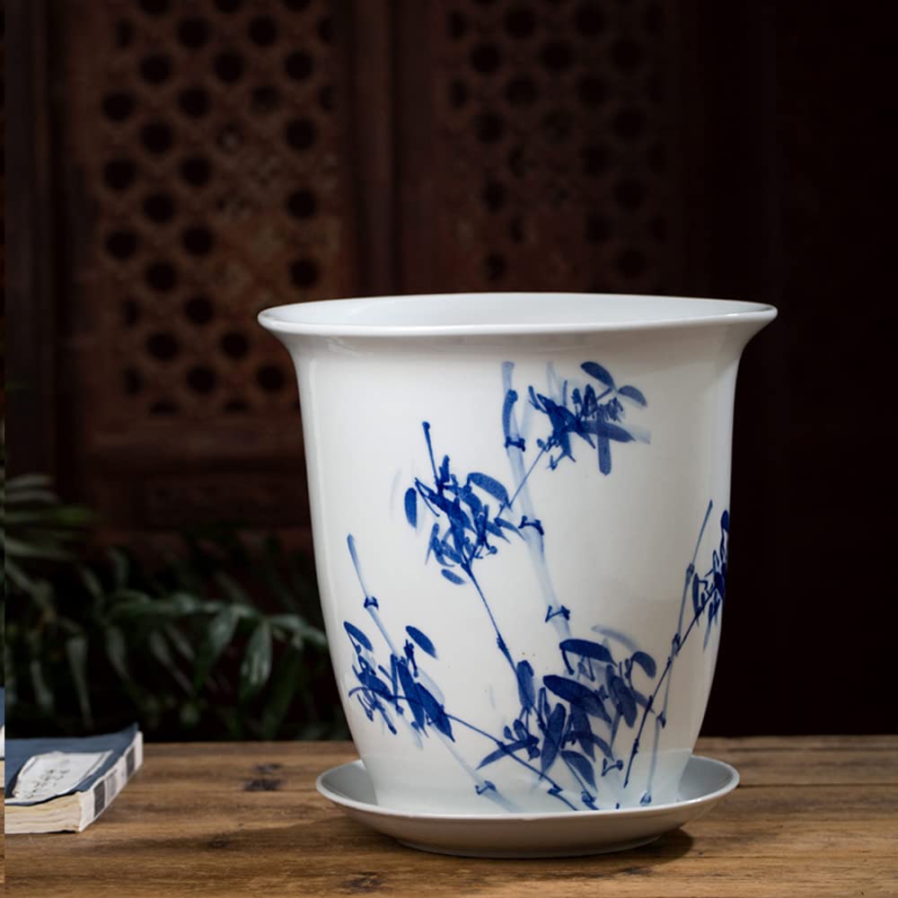 DFGHNBVC Ceramic Flower Pot Chinese Oriental Blue And White Ceramic Flower Plant Pots Indoor With Porcelain Saucer For Garden And Indoor,chinoiserie Flower Pot,D