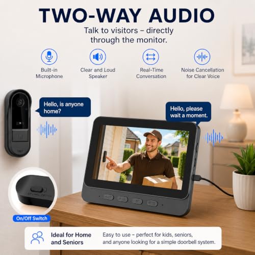 Miniatura 3 de Timbre Visual Inalámbrico, Cámara Exterior Impermeable De 1080p, Pantalla De 4,3 Pulgadas Con Cable, Audio Bidireccional, Cámara Gran Angular De 170 , Visión Nocturna, Sin Aplicaciones Ni Wi-Fi