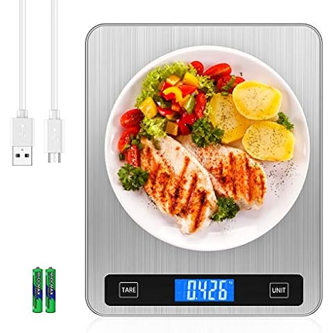Brifit Digital Kitchen Scale, 20kg/44lb Food Scales with Large Stainless Steel Platform, USB Rechargeable Cooking Scales with LCD Screen, Electric Baking Scales with Tare Function, 5 Units Cover