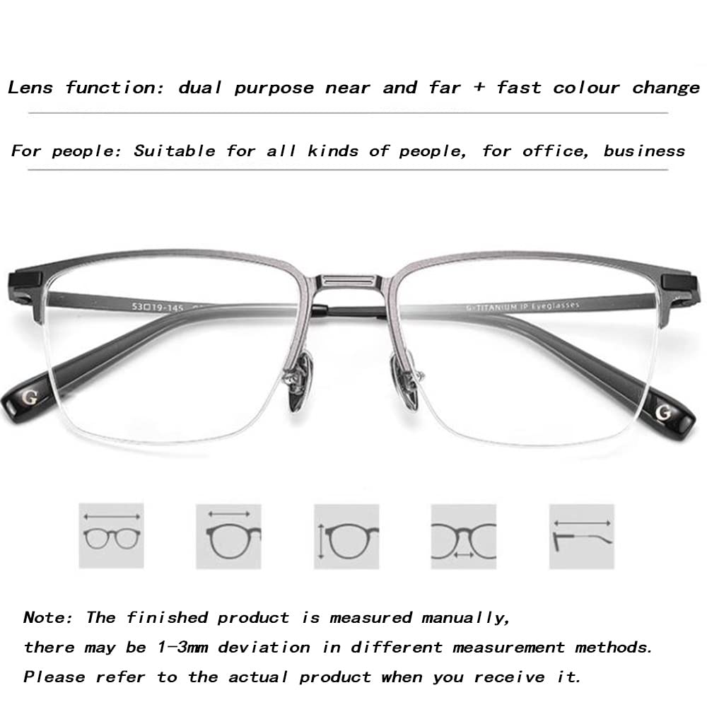 Fotocrómico Rectangular Gafas De Lectura，Progresivas Multifoco Gafas De Leer，Media Caja Gafas De Lectura Hombres 1.5 (Color : Black Silver, Size : +2.0)