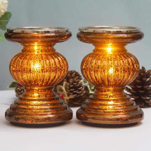 Cfdecor PO0003 Mercury Glass Pillar Candle Pedestal Holders With Lights Set Of 2,Candle Holder For Pillar Candle,Candlestick Holders,Perfect Decoration For Wedding Home Dining Table Xmas cover