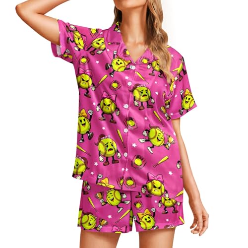 Image of Funny Pajamas for Women Set Print Satin Loungewear Pjs Short Sleeve Button Down Top and Shorts Sets Sleepwear XS-3XL