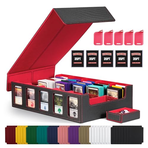 Image of Trading Card Storage Box with Commander Display , 5-Row Deck Case with Removable Lid; 3900+ Card Deck Box for MTG TCG Sports Card, 5 Top Loaders, 5 Stoppers, 48 Dividers,1 Dice Tray (Black Red)