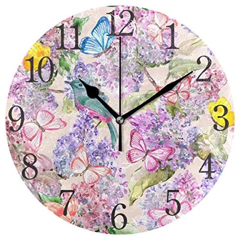 SKYDA Wall Clock Arabic Numerals Design Bird On Branch Flowering Lilac Round Wall Clock for Living Room Bathroom Home Decorative Cover