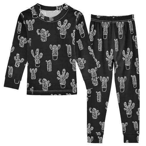 Fustylead White Outline Cactus on Black Background Pajamas Cotton Sleepover PJ Set Long Sleeve Lounge Wear